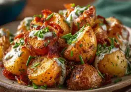 Crispy roasted potatoes coated in cowboy butter, topped with chopped chives, crispy bacon, and creamy ranch dressing on a rustic plate.
