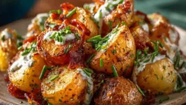 Crispy roasted potatoes coated in cowboy butter, topped with chopped chives, crispy bacon, and creamy ranch dressing on a rustic plate.