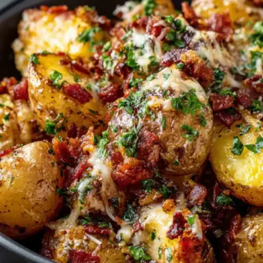 Close-up of roasted Cowboy Butter Potatoes topped with crispy bacon, melted cheese, and fresh herbs in a black serving bowl.