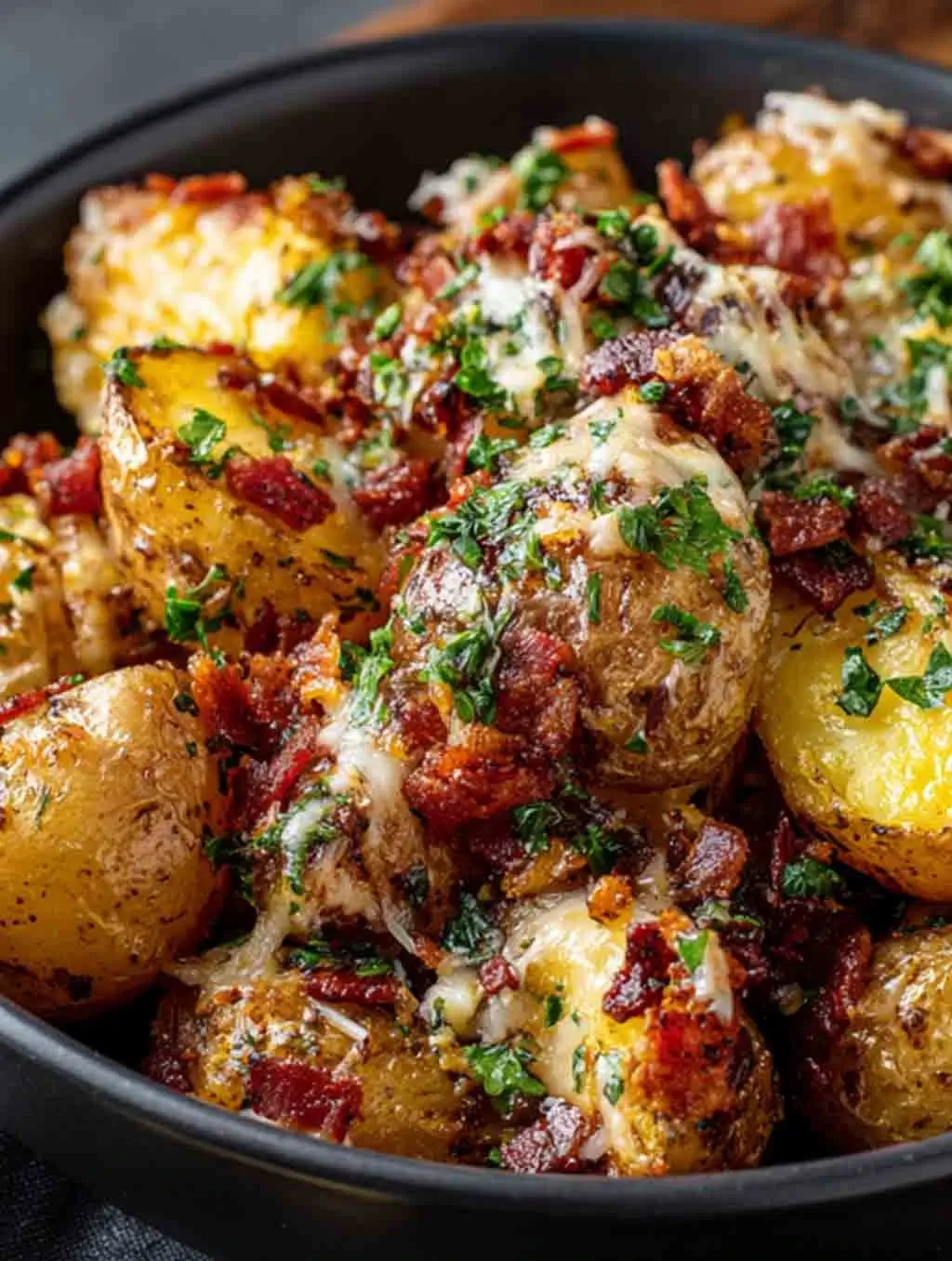 Close-up of roasted Cowboy Butter Potatoes topped with crispy bacon, melted cheese, and fresh herbs in a black serving bowl.