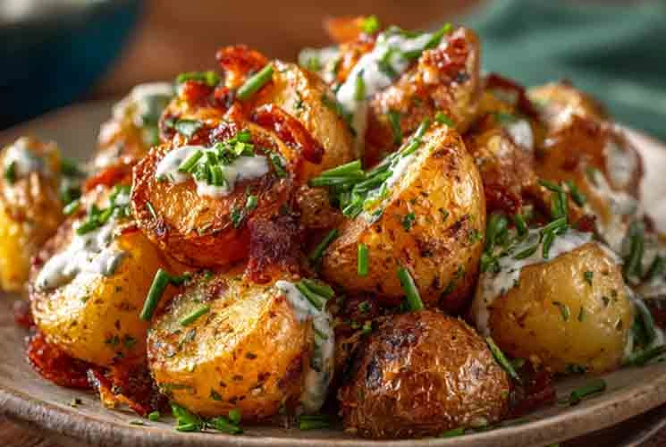 Crispy roasted potatoes coated in cowboy butter, topped with chopped chives, crispy bacon, and creamy ranch dressing on a rustic plate.