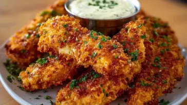 A plate of golden, crispy Crack Chicken Tenders garnished with chopped parsley and served with a creamy ranch dipping sauce.