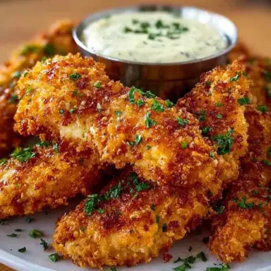 A plate of golden, crispy Crack Chicken Tenders garnished with chopped parsley and served with a creamy ranch dipping sauce.