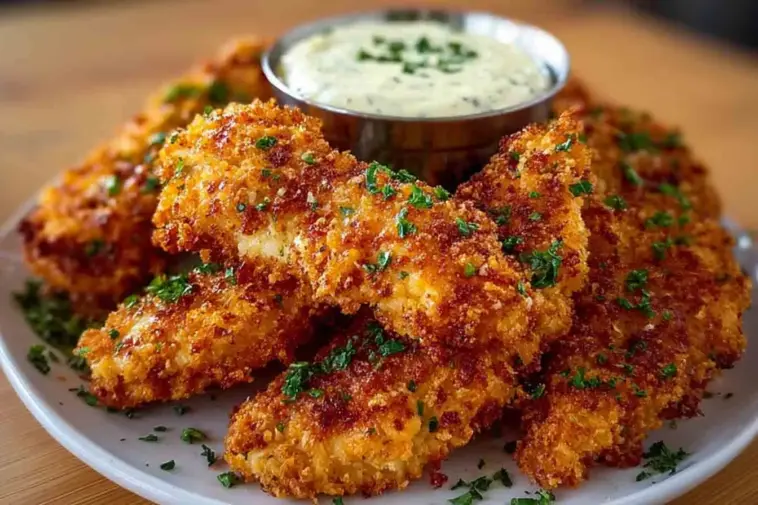 A plate of golden, crispy Crack Chicken Tenders garnished with chopped parsley and served with a creamy ranch dipping sauce.