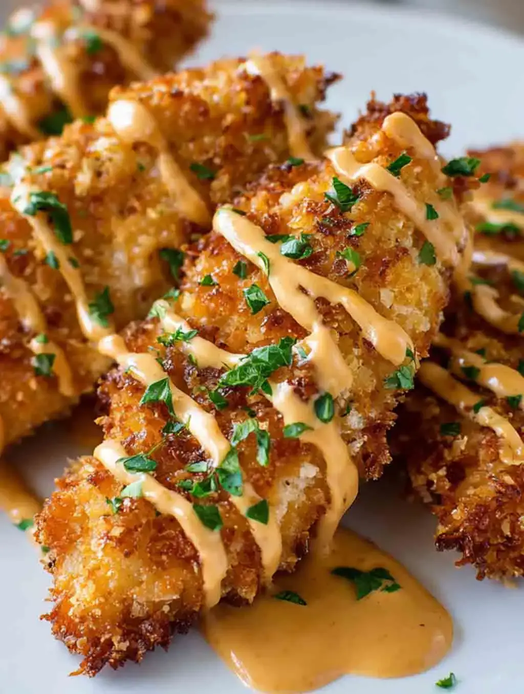 Close-up of crispy Crack Chicken Tenders topped with a creamy spicy sauce drizzle and garnished with fresh parsley on a white plate.