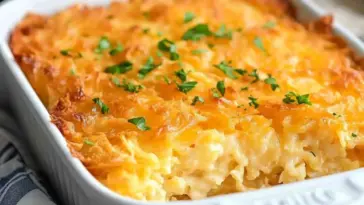 Golden-baked Cracker Barrel Hash Browns Casserole in a white baking dish, topped with melted cheddar cheese and fresh chopped parsley, showing its creamy interior and crispy edges.