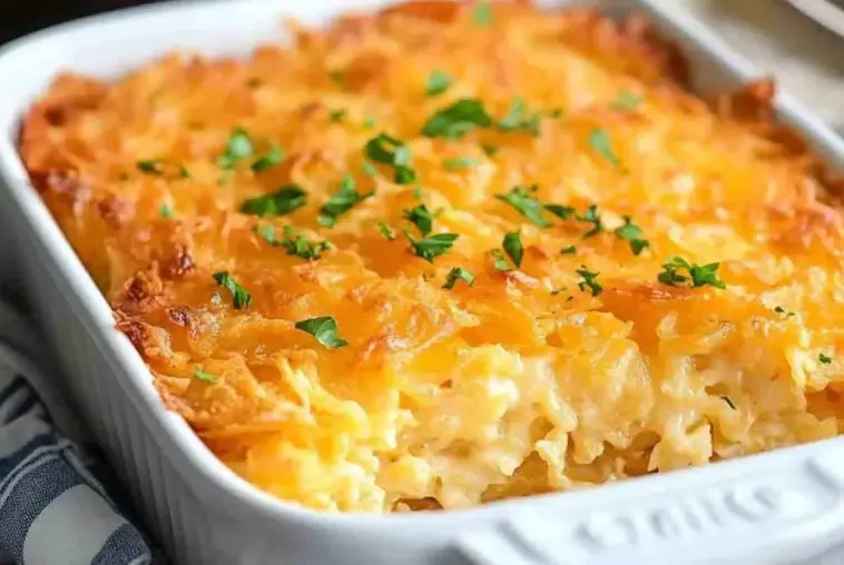 Golden-baked Cracker Barrel Hash Browns Casserole in a white baking dish, topped with melted cheddar cheese and fresh chopped parsley, showing its creamy interior and crispy edges.