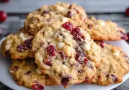 Stack of cranberry white chocolate oatmeal cookies on a white plate, showing golden edges, dried cranberries, and melted white chocolate chips.