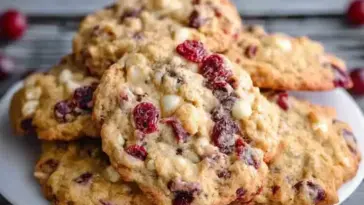 Stack of cranberry white chocolate oatmeal cookies on a white plate, showing golden edges, dried cranberries, and melted white chocolate chips.