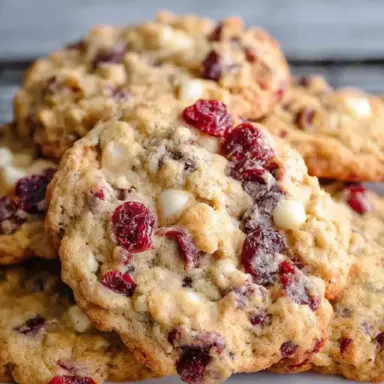 Close-up of chewy cranberry white chocolate oatmeal cookies stacked on a white plate, showing dried cranberries and white chocolate chunks.
