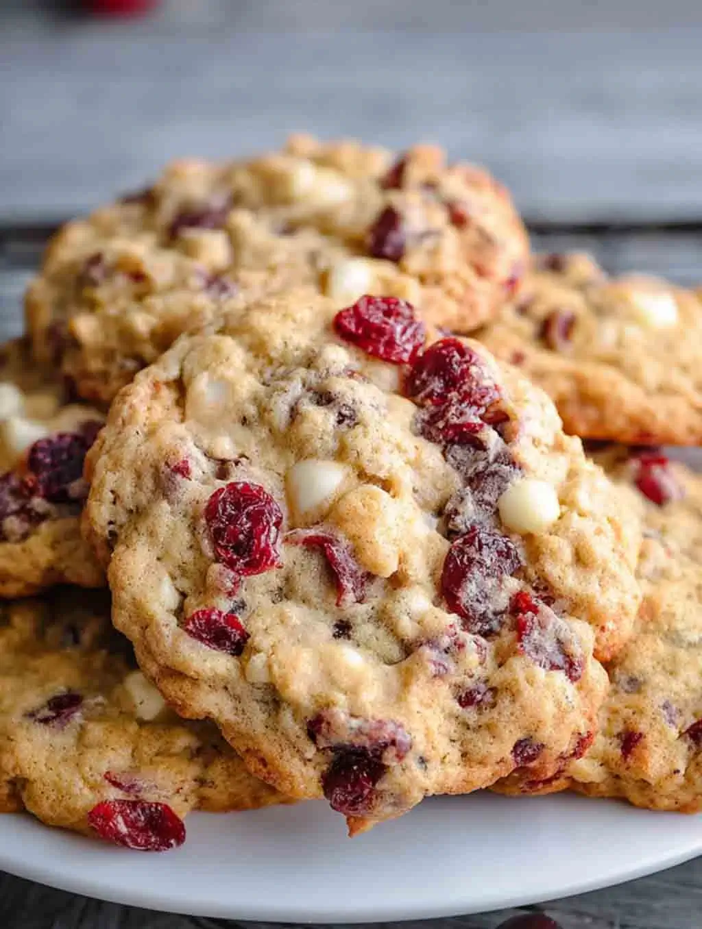 Close-up of chewy cranberry white chocolate oatmeal cookies stacked on a white plate, showing dried cranberries and white chocolate chunks.