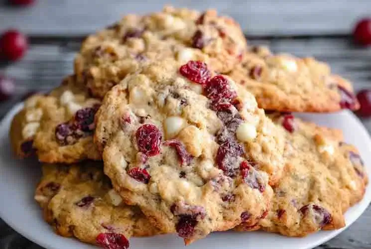 Stack of cranberry white chocolate oatmeal cookies on a white plate, showing golden edges, dried cranberries, and melted white chocolate chips.