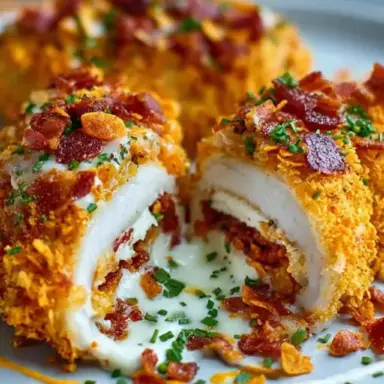 Crispy chicken breast stuffed with melted cream cheese and bacon, coated in crushed Doritos and topped with fresh herbs, sliced open to show gooey filling.