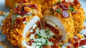 Close-up of stuffed chicken breast coated in crushed Doritos, filled with melted cream cheese and bacon, garnished with chopped herbs and crispy bacon bits.