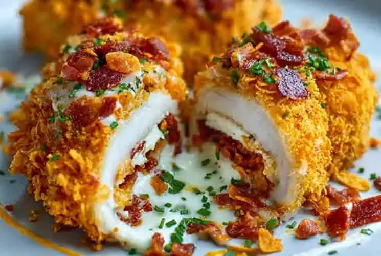 Close-up of stuffed chicken breast coated in crushed Doritos, filled with melted cream cheese and bacon, garnished with chopped herbs and crispy bacon bits.