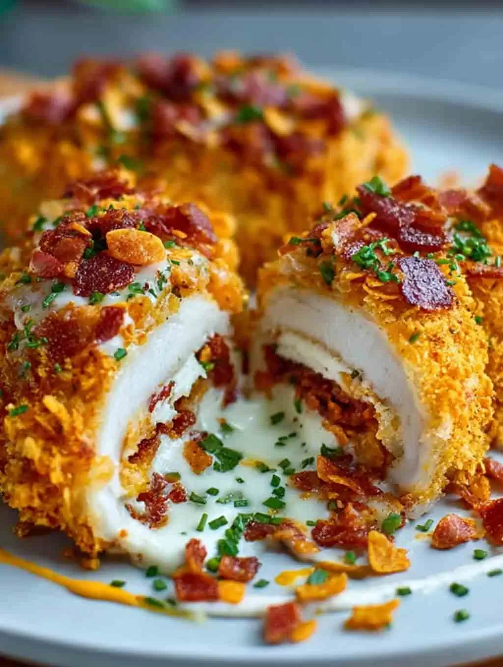 Crispy chicken breast stuffed with melted cream cheese and bacon, coated in crushed Doritos and topped with fresh herbs, sliced open to show gooey filling.