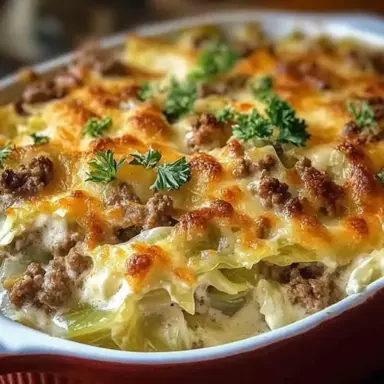 Close-up of a cheesy baked casserole made with creamed cabbage and ground beef, topped with golden-brown melted cheese and fresh parsley in a red baking dish.