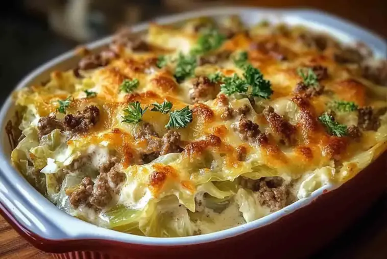 Close-up of a cheesy baked casserole made with creamed cabbage and ground beef, topped with golden-brown melted cheese and fresh parsley in a red baking dish.