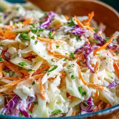 Close-up of creamy cole slaw with shredded green and purple cabbage, carrots, and parsley in a wooden bowl, ready to be served at a summer picnic or BBQ.