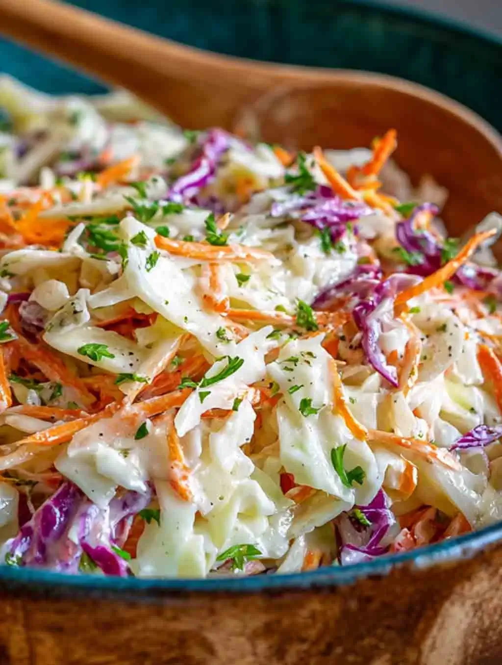 Close-up of creamy cole slaw with shredded green and purple cabbage, carrots, and parsley in a wooden bowl, ready to be served at a summer picnic or BBQ.