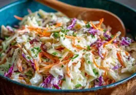 Overhead view of a vibrant creamy cole slaw with green and purple cabbage, shredded carrots, and fresh parsley in a blue serving bowl with a wooden spoon.