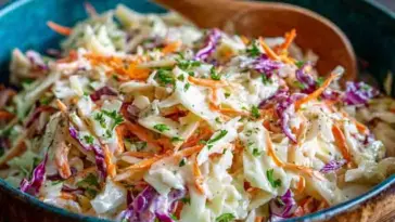 Overhead view of a vibrant creamy cole slaw with green and purple cabbage, shredded carrots, and fresh parsley in a blue serving bowl with a wooden spoon.