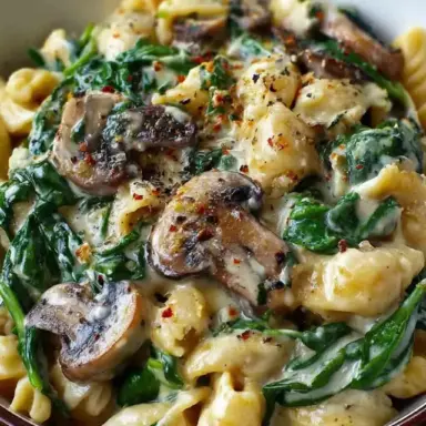 Close-up of creamy mushroom and spinach pasta in a bowl, featuring sautéed mushrooms, fresh spinach, shell pasta, and a rich garlic cream sauce, sprinkled with chili flakes and black pepper.