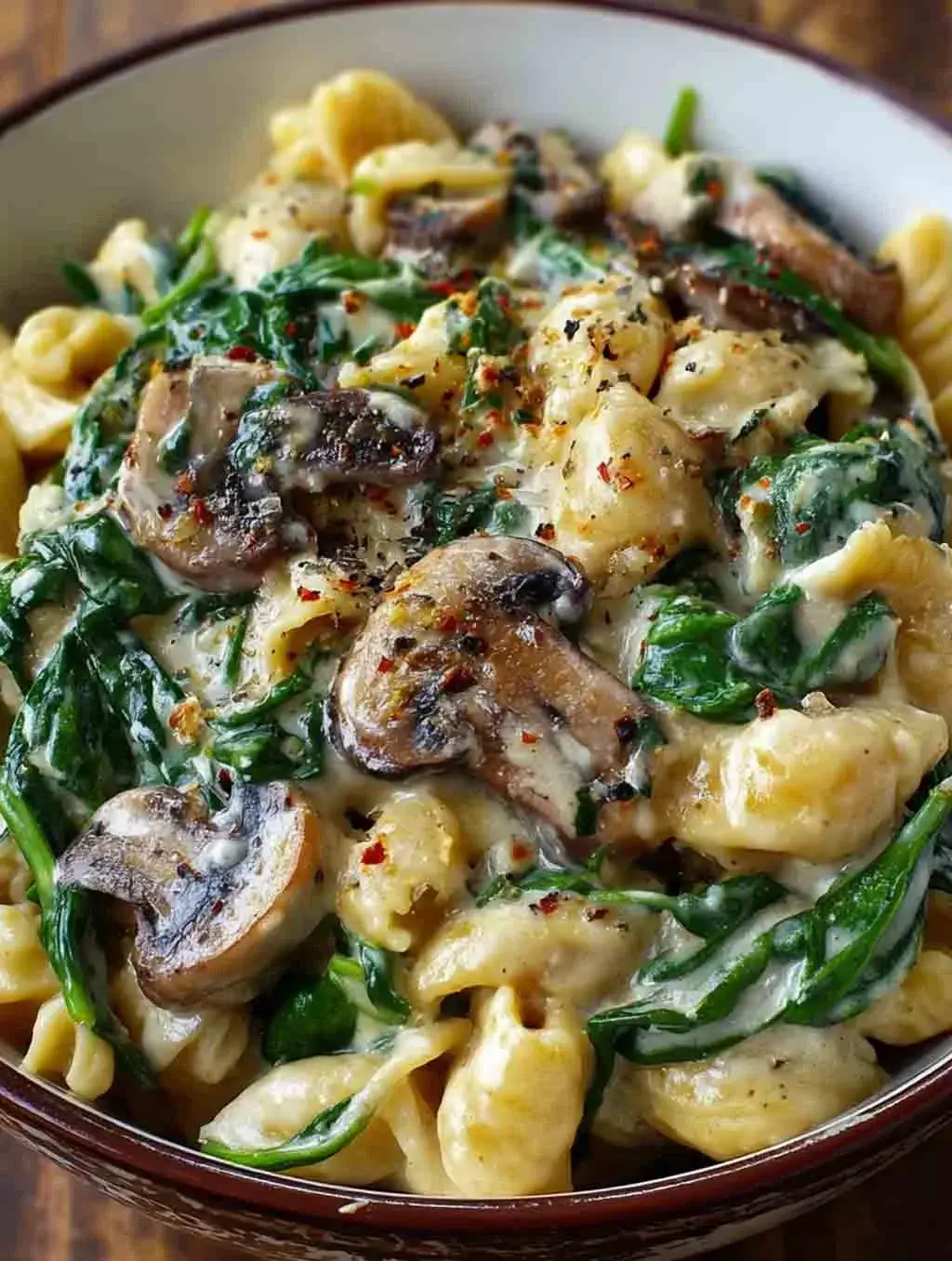 Close-up of creamy mushroom and spinach pasta in a bowl, featuring sautéed mushrooms, fresh spinach, shell pasta, and a rich garlic cream sauce, sprinkled with chili flakes and black pepper.