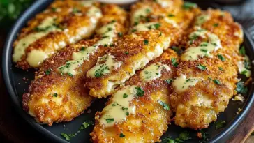 Golden brown crispy ranch chicken fillets drizzled with creamy ranch sauce and garnished with fresh parsley, served on a black plate with dipping sauces in the background.