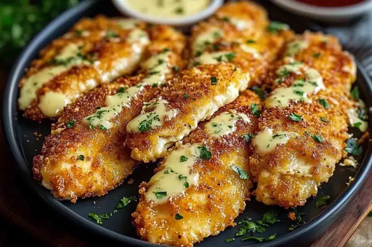 Golden brown crispy ranch chicken fillets drizzled with creamy ranch sauce and garnished with fresh parsley, served on a black plate with dipping sauces in the background.