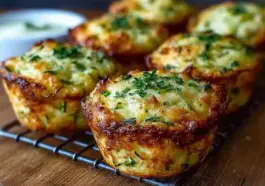 Golden-brown crispy zucchini potato muffins with Parmesan cheese, cooling on a rack, garnished with fresh parsley