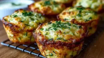 Golden-brown crispy zucchini potato muffins with Parmesan cheese, cooling on a rack, garnished with fresh parsley