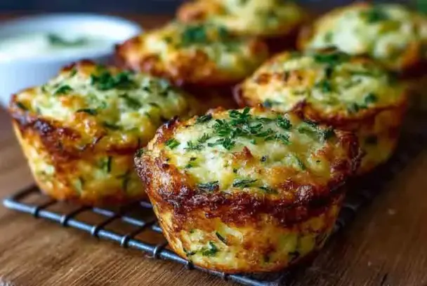 Golden-brown crispy zucchini potato muffins with Parmesan cheese, cooling on a rack, garnished with fresh parsley