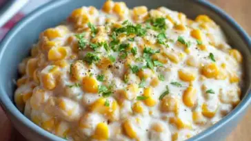 Close-up of a bowl filled with slow cooker creamed corn, topped with black pepper and fresh parsley, in a blue ceramic bowl on a wooden table.