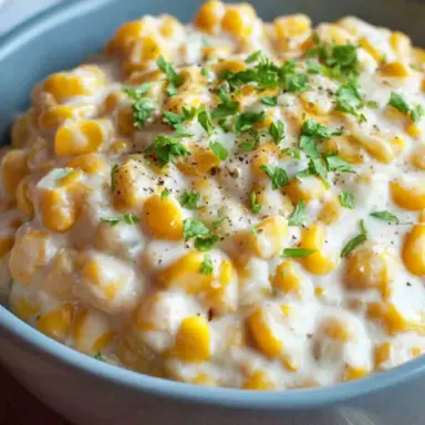 A bowl of creamy Crock Pot creamed corn garnished with fresh chopped parsley, served in a light blue bowl on a rustic wooden surface.