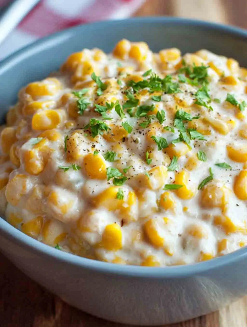 A bowl of creamy Crock Pot creamed corn garnished with fresh chopped parsley, served in a light blue bowl on a rustic wooden surface.