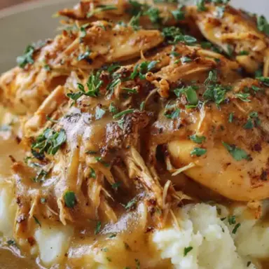 Close-up of Crockpot Chicken and Gravy served over mashed potatoes, topped with fresh herbs and smothered in rich, golden-brown gravy.