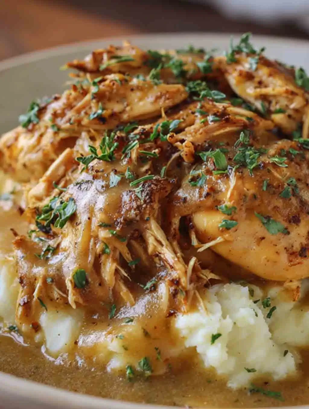 Close-up of Crockpot Chicken and Gravy served over mashed potatoes, topped with fresh herbs and smothered in rich, golden-brown gravy.