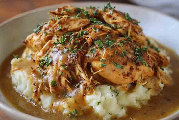 Plate of shredded crockpot chicken in rich brown gravy served over mashed potatoes and garnished with chopped fresh parsley.