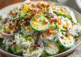 A bowl of creamy cucumber ranch crack salad, garnished with crispy bacon, shredded cheddar cheese, red onions, and fresh dill.