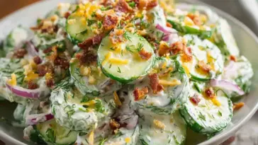 A bowl of creamy cucumber ranch crack salad, garnished with crispy bacon, shredded cheddar cheese, red onions, and fresh dill.