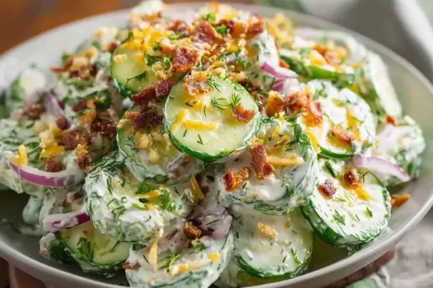 A bowl of creamy cucumber ranch crack salad, garnished with crispy bacon, shredded cheddar cheese, red onions, and fresh dill.
