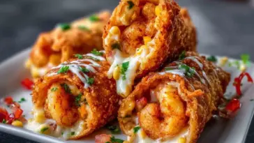 Close-up of crispy deep-fried shrimp Alfredo burrito bites on a white plate, filled with shrimp, cheese, corn, and creamy sauce, garnished with herbs and diced peppers.
