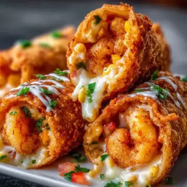 Close-up of crispy deep-fried shrimp Alfredo burrito bites on a white plate, filled with shrimp, cheese, corn, and creamy sauce, garnished with herbs and diced peppers.
