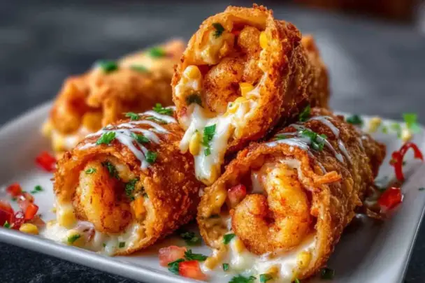 Close-up of crispy deep-fried shrimp Alfredo burrito bites on a white plate, filled with shrimp, cheese, corn, and creamy sauce, garnished with herbs and diced peppers.