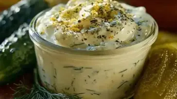 Glass bowl filled with homemade dill pickle ranch dressing, topped with herbs and spices, surrounded by pickles and fresh dill on a wooden surface.