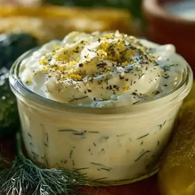 A small glass bowl filled with creamy dill pickle ranch dressing, garnished with dried herbs and seasoning, surrounded by fresh dill and pickles.