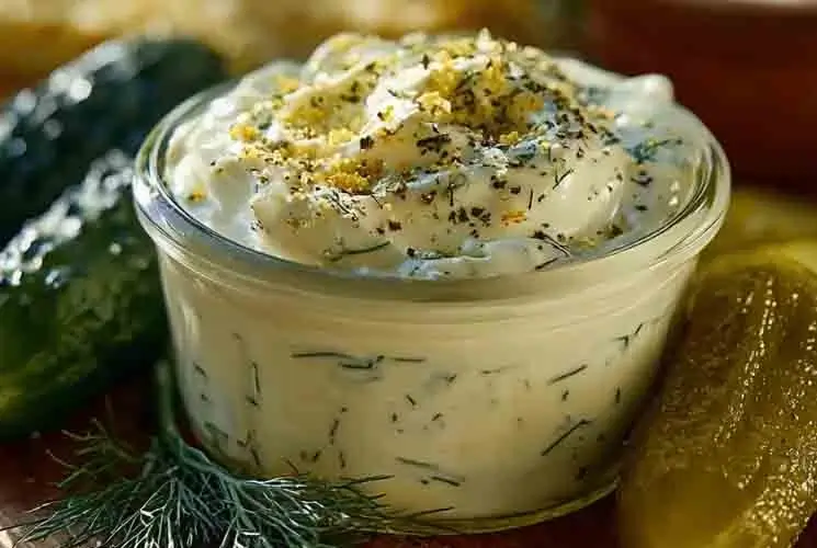 Glass bowl filled with homemade dill pickle ranch dressing, topped with herbs and spices, surrounded by pickles and fresh dill on a wooden surface.