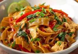 Close-up of Thai Drunken Noodles (Pad Kee Mao) featuring wide rice noodles stir-fried with red bell peppers, Thai basil, garlic, and chicken, garnished with green onions and lime slices.