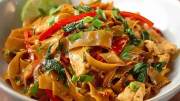 Close-up of Thai Drunken Noodles (Pad Kee Mao) featuring wide rice noodles stir-fried with red bell peppers, Thai basil, garlic, and chicken, garnished with green onions and lime slices.